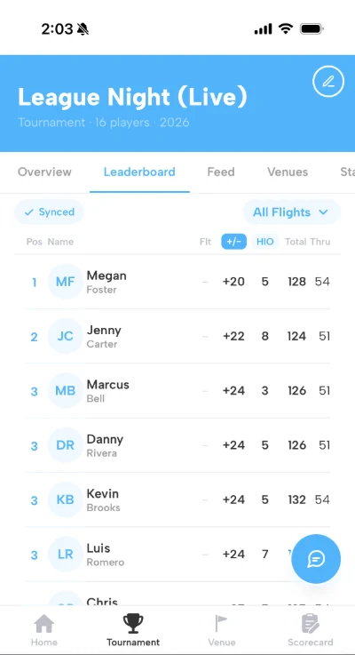 Live leaderboard app screen