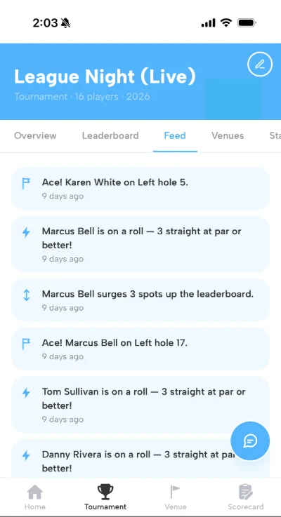 Live tournament feed app screen