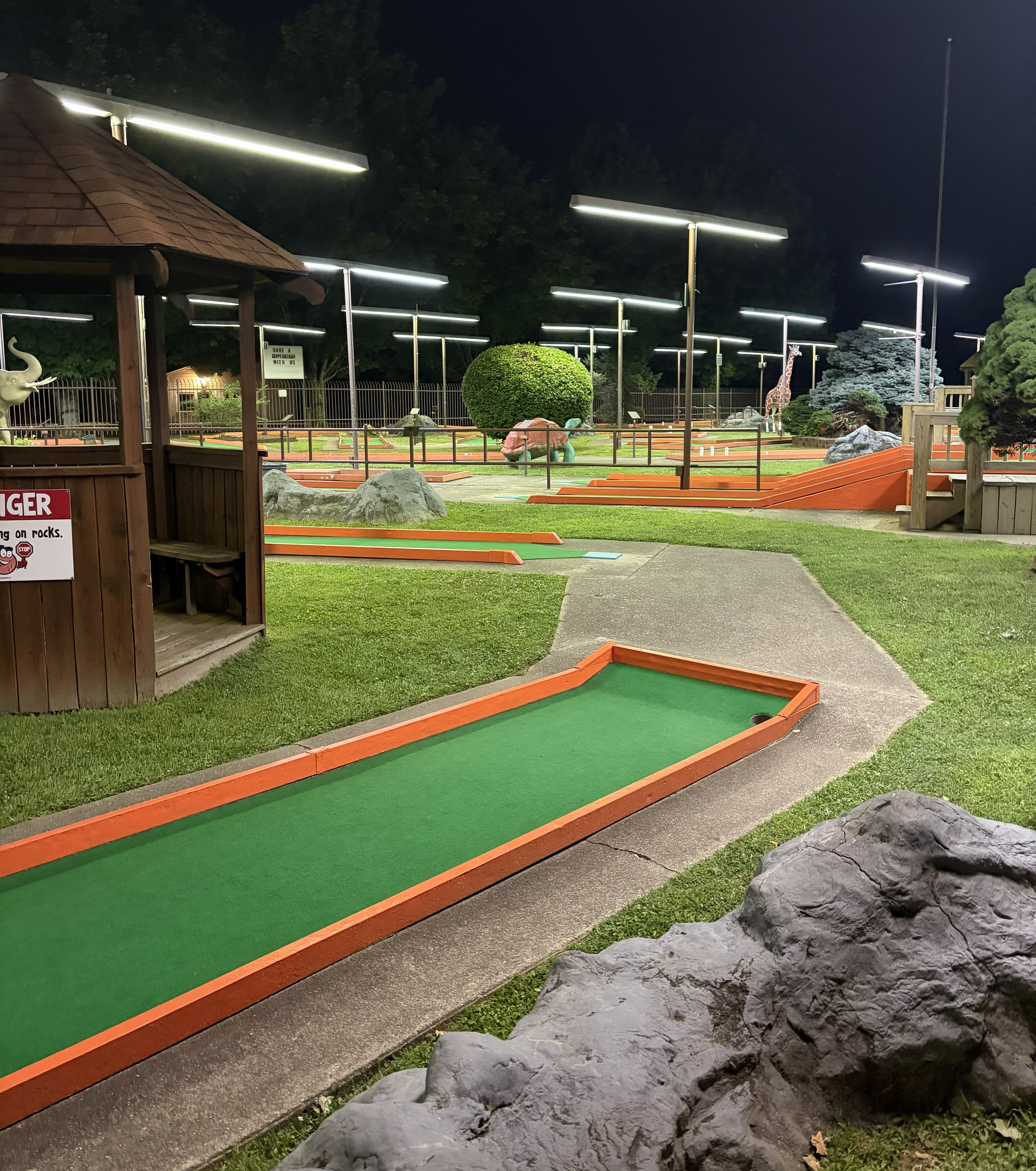 The course at Putt-Putt Fun Center, lit at night